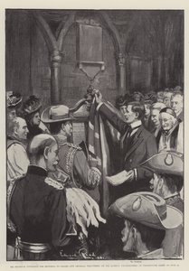 El Sr. Brodrick desvelando el memorial a los voluntarios imperiales caídos de la ciudad (de los Queen